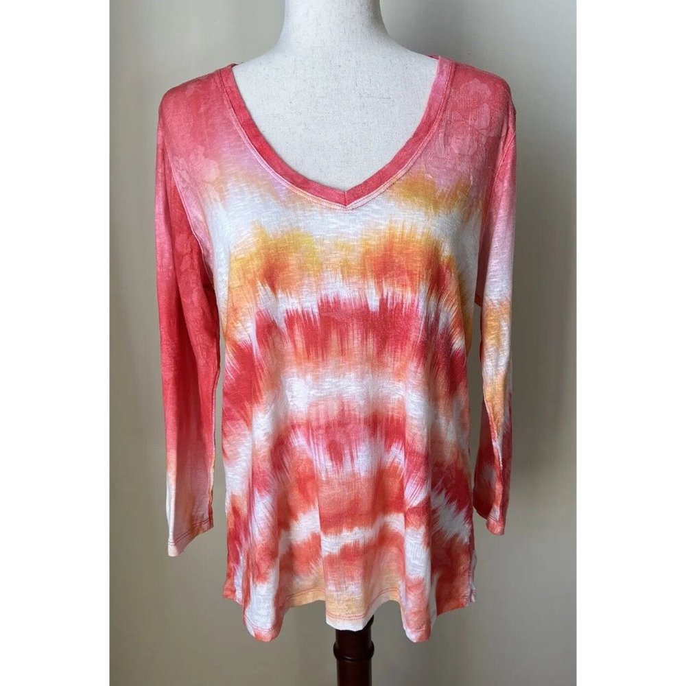 David Cline Top Shirt Size L Multicolor Burnout Fabric 3/4 Sleeve V-Neck Tie Dye